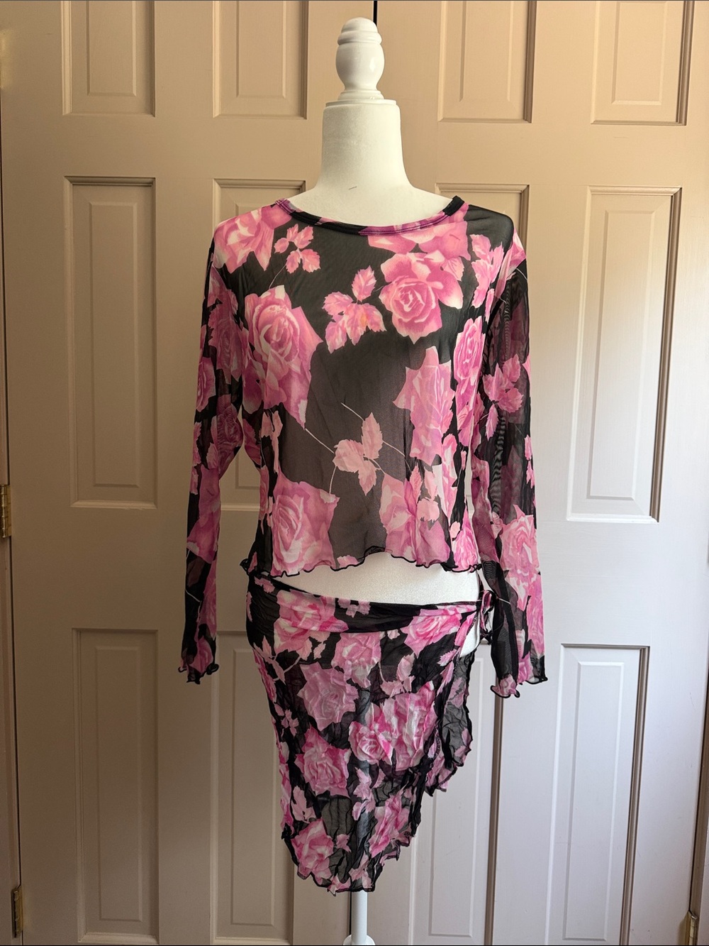 Newport News Sheer Black and Pink Floral Swim Coverup (2 piece)